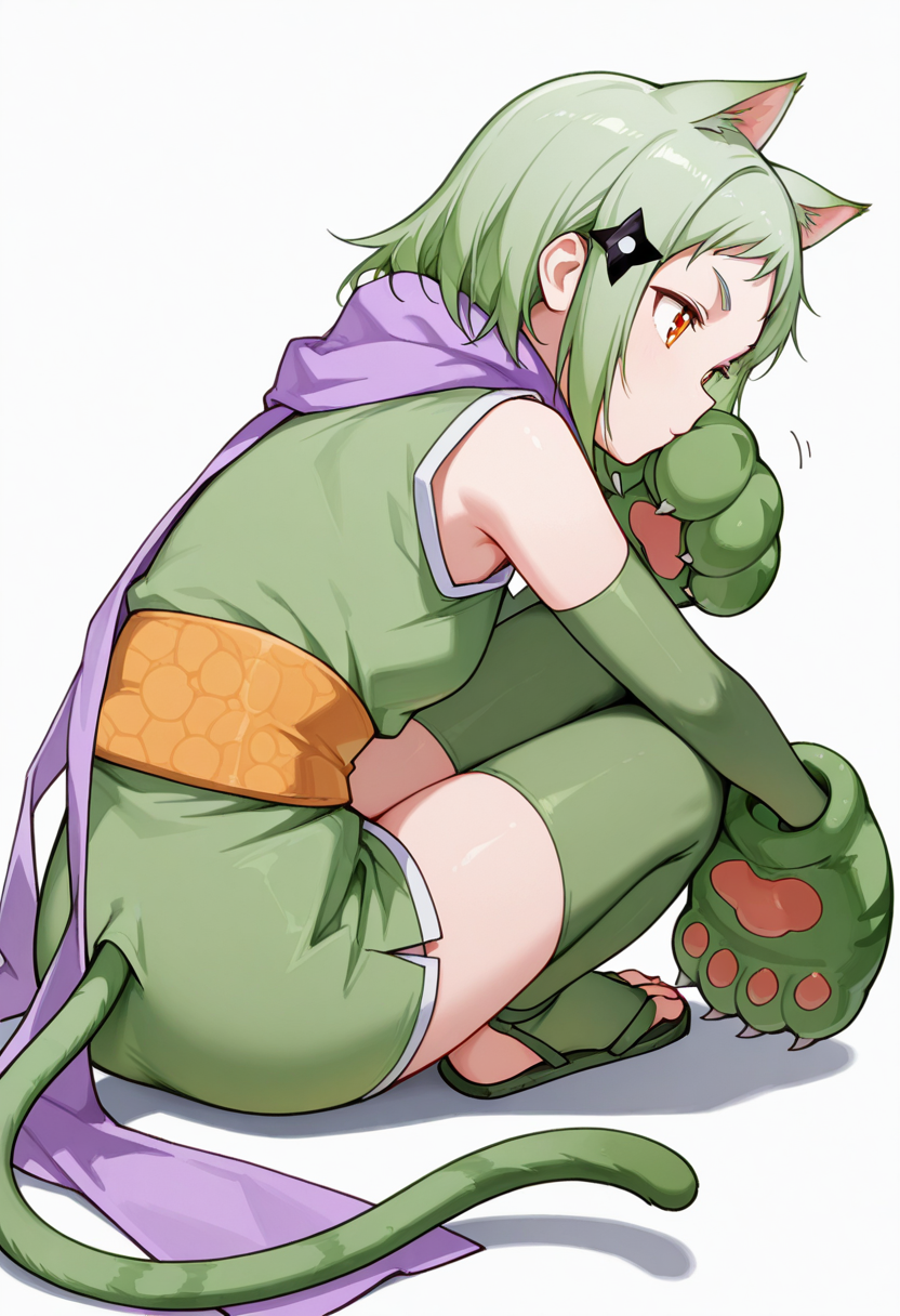 masterpiece,high quality details, absurdres, 
one foot propped on surface, elbow resting on knee, chin in hand  ,
 <lora:Mao_Kusagakure:0.8>
mao_cnr, 1girl, green hair, short hair,orange eyes, cat ears,cat tail,hair ornament,
ninja, japanese clothes, kimono, sleeveless kimono,purple scarf,elbow gloves,green thighhighs, sandals,paw gloves,cat paws,, d:,, simple background, white background, from behind,solo,