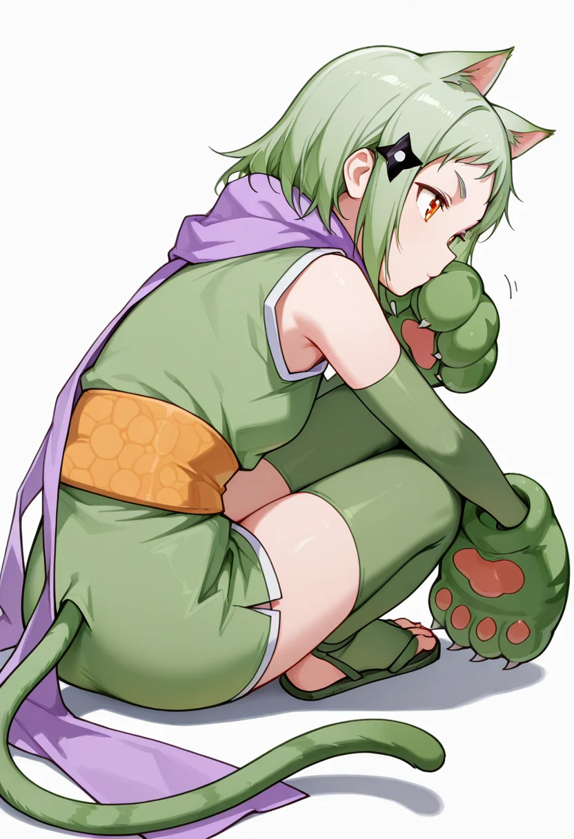 masterpiece,high quality details, absurdres, 
one foot propped on surface, elbow resting on knee, chin in hand  ,
 <lora:Mao_Kusagakure:0.8>
mao_cnr, 1girl, green hair, short hair,orange eyes, cat ears,cat tail,hair ornament,
ninja, japanese clothes, kimono, sleeveless kimono,purple scarf,elbow gloves,green thighhighs, sandals,paw gloves,cat paws,, d:,, simple background, white background, from behind,solo,