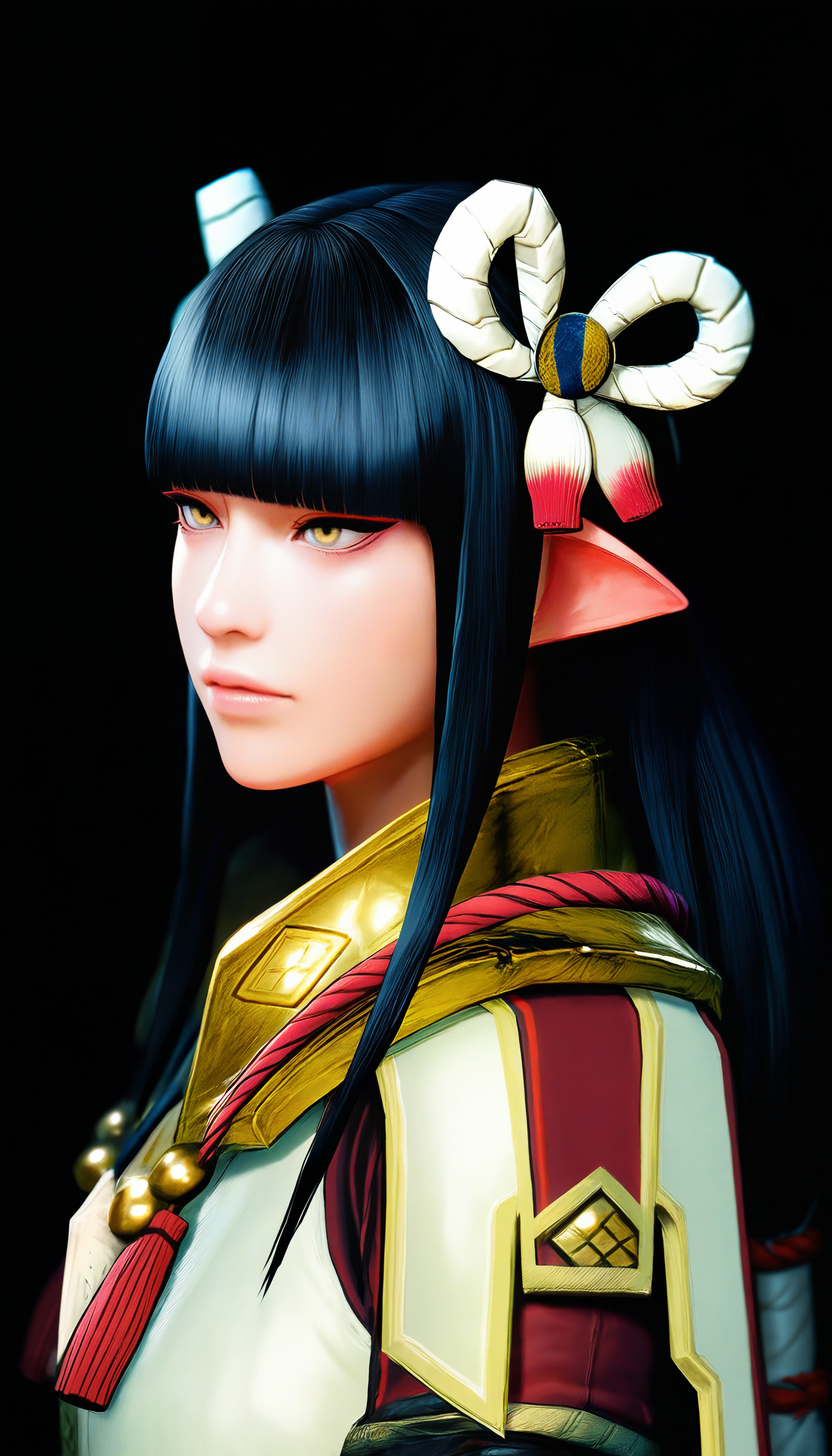masterpiece,best quality,amazing quality,
<lora:mhminotoNAI:1>,mhminoto,realistic,
1girl,solo,black hair,long hair,blunt bangs,hair ornament,yellow eyes,red and white short cape,white robe top,portrait,facing away,black background,