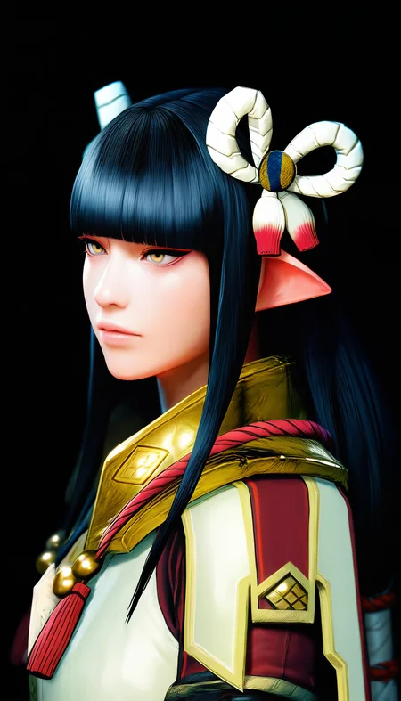 masterpiece,best quality,amazing quality,
<lora:mhminotoNAI:1>,mhminoto,realistic,
1girl,solo,black hair,long hair,blunt bangs,hair ornament,yellow eyes,red and white short cape,white robe top,portrait,facing away,black background,