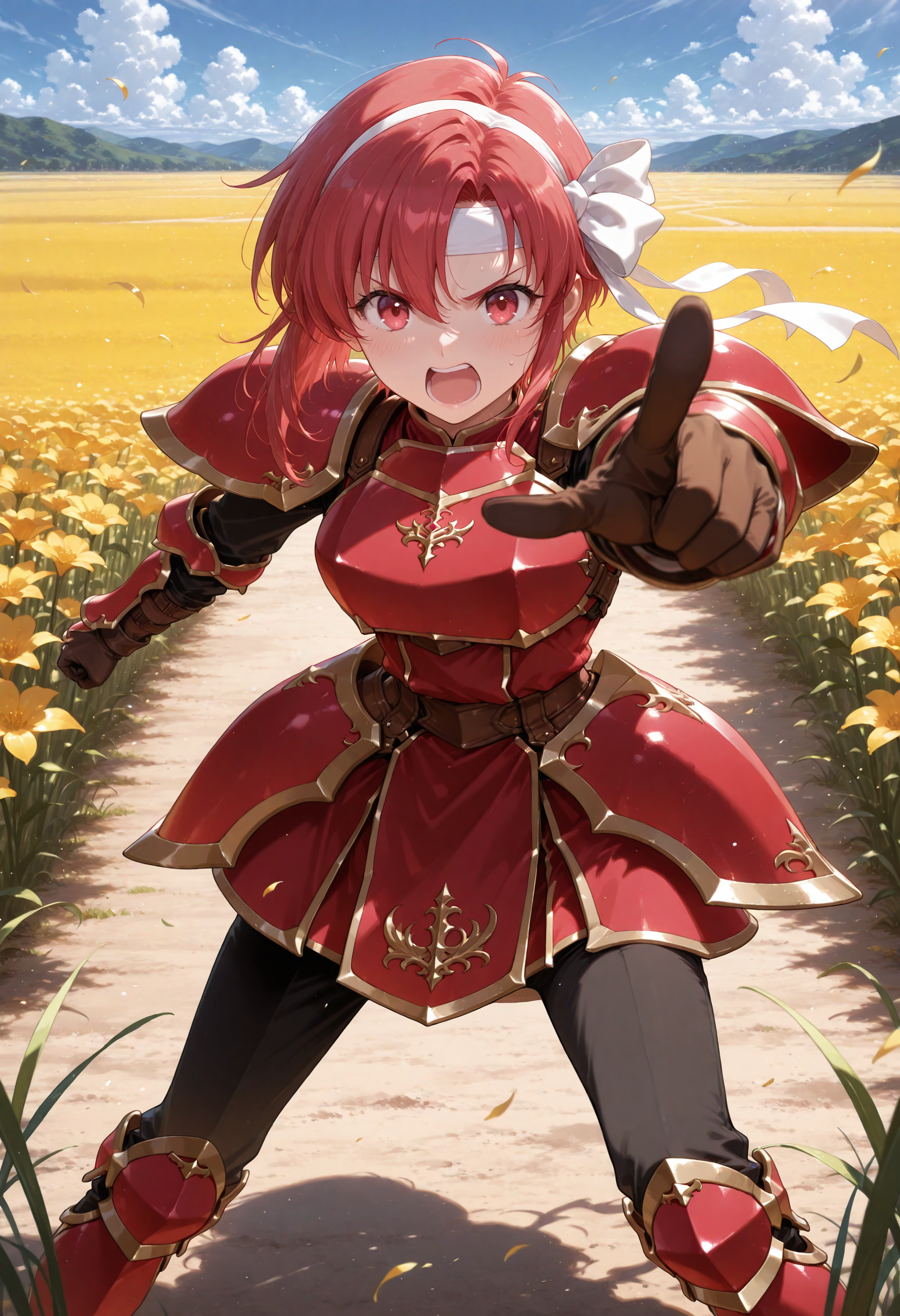 masterpiece,extreme detailed,day,outdoors,field BREAK cecil_(fe),1girl,solo,armor,gloves,short hair,headband,red hair,shoulder armor,short dress,dress,red eyes,pauldrons,red armor,armored boots,pants,<lora:cecil_(fe)-IL:1>,angry,open mouth,pointing at viewer,