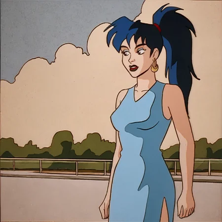 <lora:Kylie_pony_v1:.7>KylieYellowDress, 1girl, blue hair, ponytail, jewelry, dress, earrings, long hair, retro artstyle, cowboy shot
