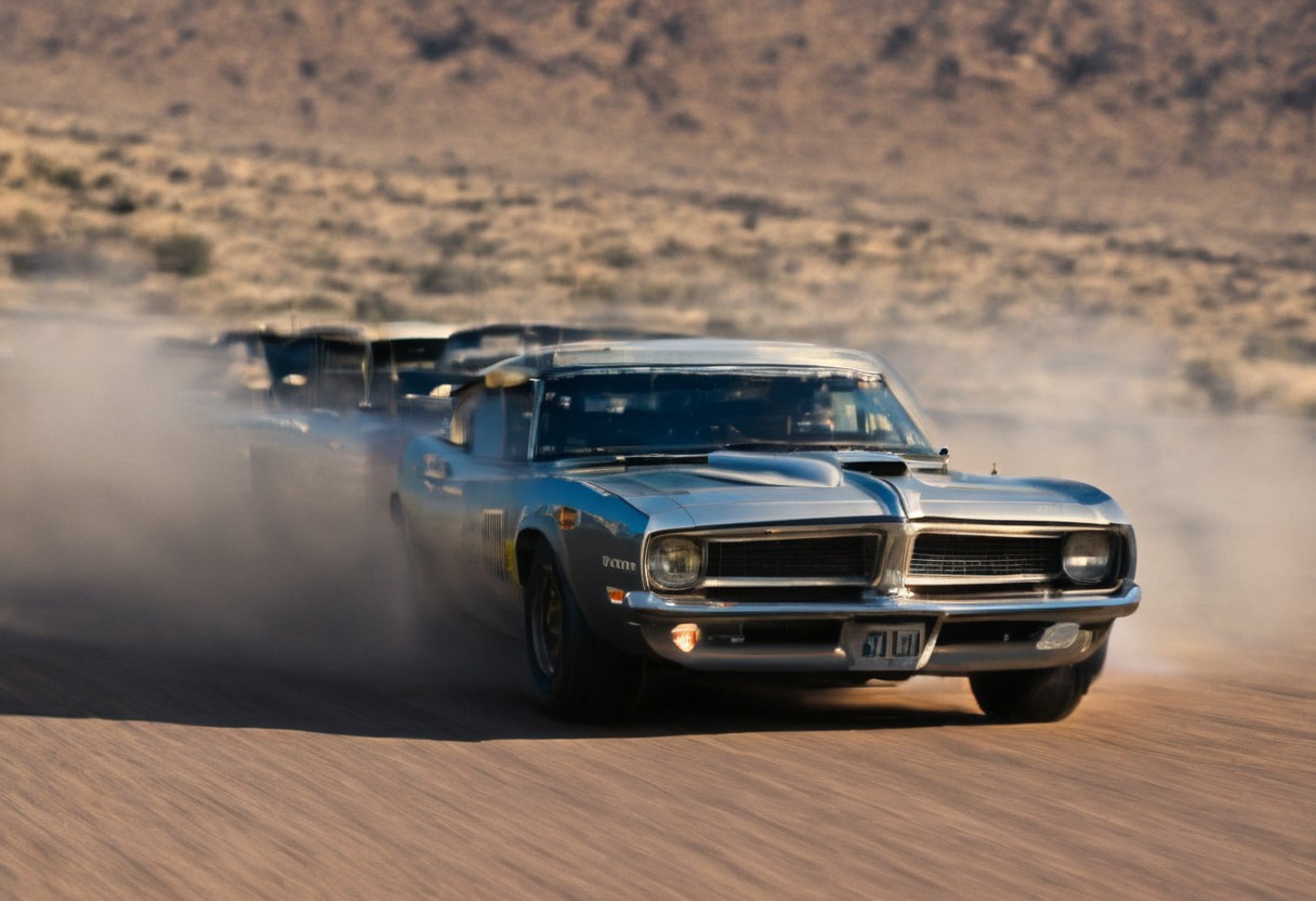 Create an ultra-detailed and realistic image of a race between 2 custom cars, created with parts from many muscle cars, with aerodynamic lines from 1972. The cars have tinted black windows. It is captured in motion with motion blur at full speed through a desert, daylight. Race between 2 cars. The photograph is captured with an Arri Alexa camera, with a zoom lens. <lora:Vintage Muscle Car SDXL:1>