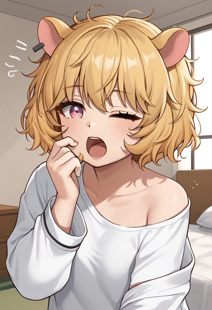 1girl, highres, solo, Eimi_Isami, animal ears, blonde hair, bangs, short hair, pink eyes,
open mouth, yawning, hand up, indoors, waking up, wariza, rubbing eyes, one eye closed, messy hair,
white shirt, off shoulder,
