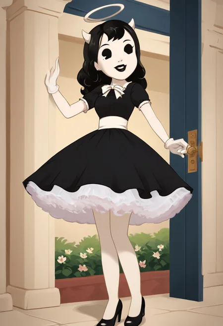 (Masterpiece, best quality:1.2), score_9, score_8_up, flat color, flat shading, soft shading, lighting, Alice Angel in a 1950's dress, a fluffy frilly ruffled full petticoat, and high heels, dress, layered petticoat, frilly petticoat, fluffy petticoat, full petticoat, wide dress, flowing dress, solid colored skirt, short sleeves, black hair, Bendy and The Ink Machine, series accurate, cute, best high quality, high res, black lips, white colored skin, whole body shot, 1girl, solo, outside, standing straight, in a garden, cute, adorable, smile, low angle shot, upskirt shot, cartoon, cartoon style, vector, solo, circle dress, 1950s, alice angel