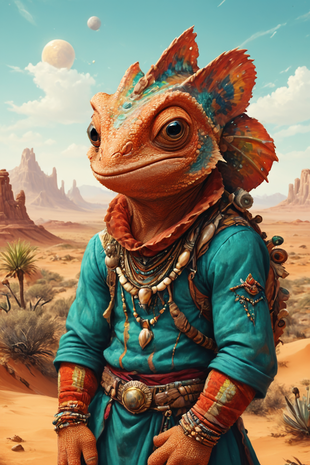 Detailed digital portrait of an anthro Chameleon (Winking playfully, cheeky expression) at a Desert planet with nomadic tribes, <lora:xl_more_art-full_v1:0.5>,  <lora:The_Crazy_Style:0.7> <lora:anthro_muscular:0.7>