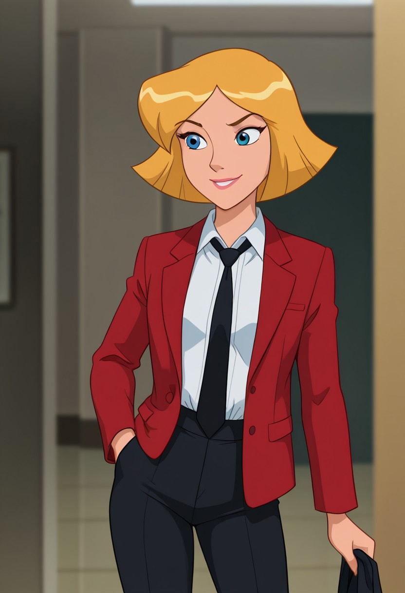 masterpiece, best quality, good quality, 1girl, solo, parody, official style, clover_totally_spies, short hair, blonde hair, blue eyes, dress shirt, black tie, black pants, jacket, solo, office, up, gentle smile, standing, depth of field, sexy, DISNEY_ANIMATION