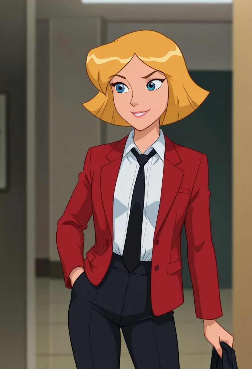 masterpiece, best quality, good quality, 1girl, solo, parody, official style, clover_totally_spies, short hair, blonde hair, blue eyes, dress shirt, black tie, black pants, jacket, solo, office, up, gentle smile, standing, depth of field, sexy, DISNEY_ANIMATION