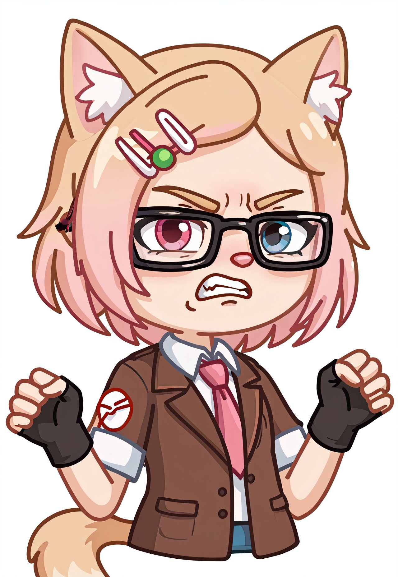 score_9, score_8_up, score_7_up, score_6_up, score_5_up, score_4_up, Stickersr, white background, solid outline, 1girl, MILCJT3, MILCJT3Gacha, Gacha, girl, heterochromia, cat ears, skirt, hair ornament, glasses, pink hair, beige hair, blue eyes, pink eyes, tail, fingerless gloves, gloves, brown open jacket, tie, dynamic pose, expressive emotions, angry face, half body,