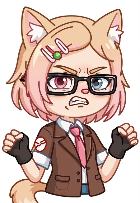 score_9, score_8_up, score_7_up, score_6_up, score_5_up, score_4_up, Stickersr, white background, solid outline, 1girl, MILCJT3, MILCJT3Gacha, Gacha, girl, heterochromia, cat ears, skirt, hair ornament, glasses, pink hair, beige hair, blue eyes, pink eyes, tail, fingerless gloves, gloves, brown open jacket, tie, dynamic pose, expressive emotions, angry face, half body,