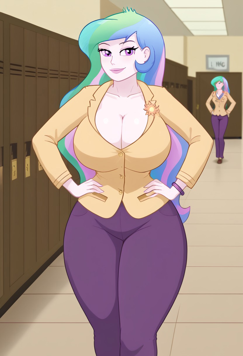 Celestia, purple pants, tan jacket, cleavage, walking down school hallway, hourglass figure, big breasts, huge ass, lockers, sultry smile, seductive eyes, hands on hips, jiggling breasts, straining buttons, looking at viewer, facing viewer, detailed, masterpiece