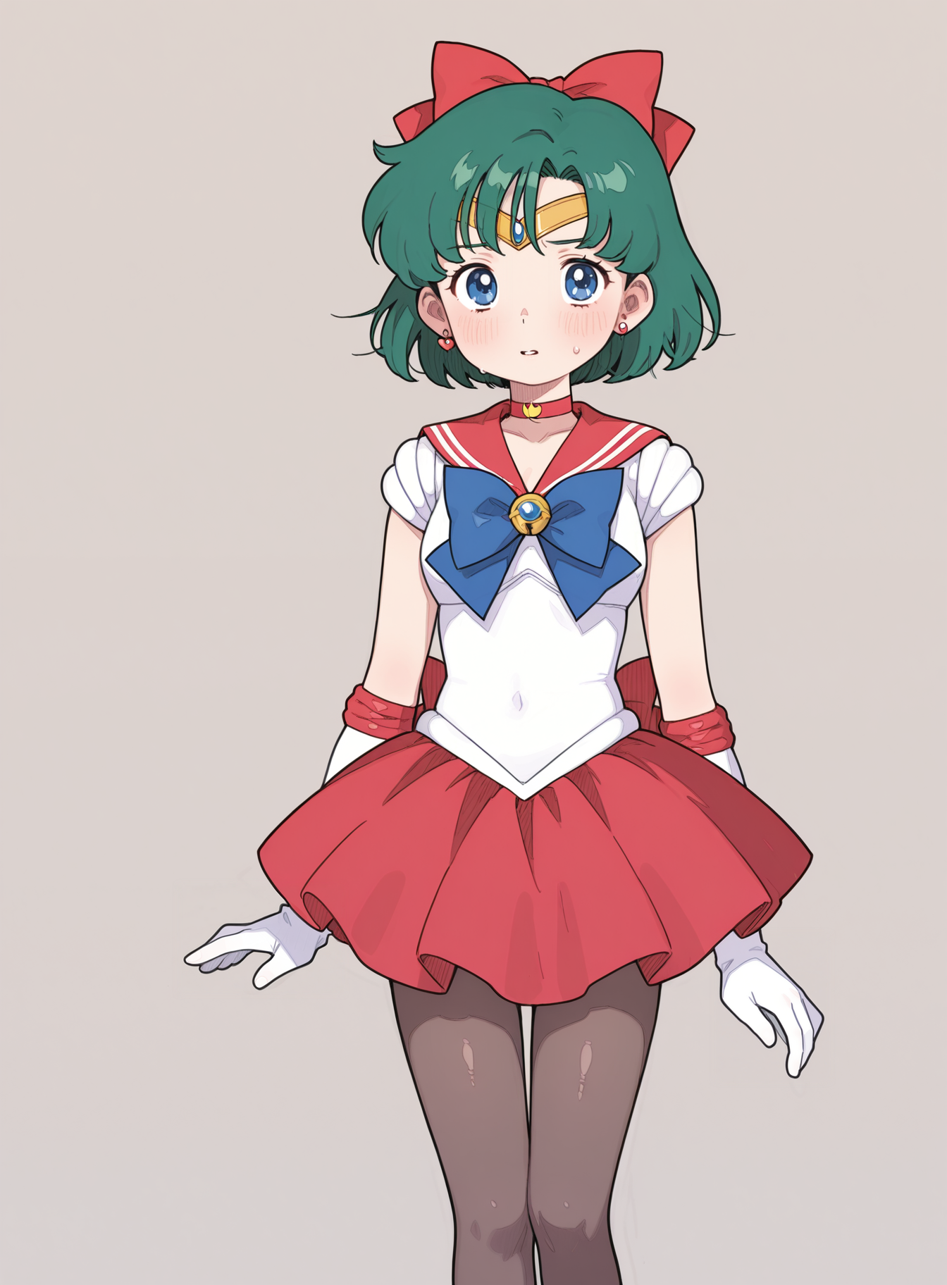 1girl, solo, magical performer outfit, puffed sleeves, bell skirt, pantyhose, choker, hair bow, Sailor Mercury, bishoujo senshi sailor moon,
<lora:PossoumMachine_v7:1>