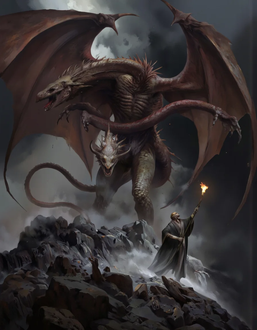 Art by Zhang Jing. A dramatic digital illustration shoot from below about a fierce dragon towering over a rocky landscape amidst a stormy sky. the image features a large, menacing dragon with sharp claws and a long snout, positioned in the center of the image. the dragon has a reddish-brown scales and a menacing expression, with its mouth open wide, revealing sharp teeth. its wings are spread wide, and its tail is curled around its body, giving it an intimidating appearance. the background is filled with dark, ominous clouds, and the scene is set against a rocky, jagged landscape with scattered debris. in the foreground, a small, menacing figure stands in front of the dragon, holding a glowing torch, adding to the sense of danger and intensity. the overall atmosphere is dark and foreboding, with a sense of urgency and danger in the air.