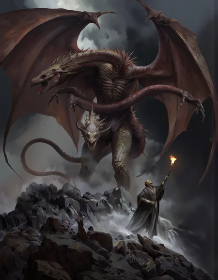 Art by Zhang Jing. A dramatic digital illustration shoot from below about a fierce dragon towering over a rocky landscape amidst a stormy sky. the image features a large, menacing dragon with sharp claws and a long snout, positioned in the center of the image. the dragon has a reddish-brown scales and a menacing expression, with its mouth open wide, revealing sharp teeth. its wings are spread wide, and its tail is curled around its body, giving it an intimidating appearance. the background is filled with dark, ominous clouds, and the scene is set against a rocky, jagged landscape with scattered debris. in the foreground, a small, menacing figure stands in front of the dragon, holding a glowing torch, adding to the sense of danger and intensity. the overall atmosphere is dark and foreboding, with a sense of urgency and danger in the air.