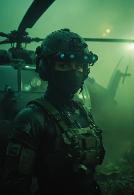 a female rogue agent wearing on head n0ds quad-tube panoramic optical device of four horizontally aligned cylindrical blue lenses on mounting system attached to the front of the protective headpiece with integrated hearing protection, splinter cell, dark reinforces military tight battle suit, splinter cell blacklist in futuristic full mask and glowing blue lenses by yoji shinkawa, the goggles are barely visible in the thick green dusty atmosphere, atmospheric lighting, atmospheric haze, infront of Apache Helicopter