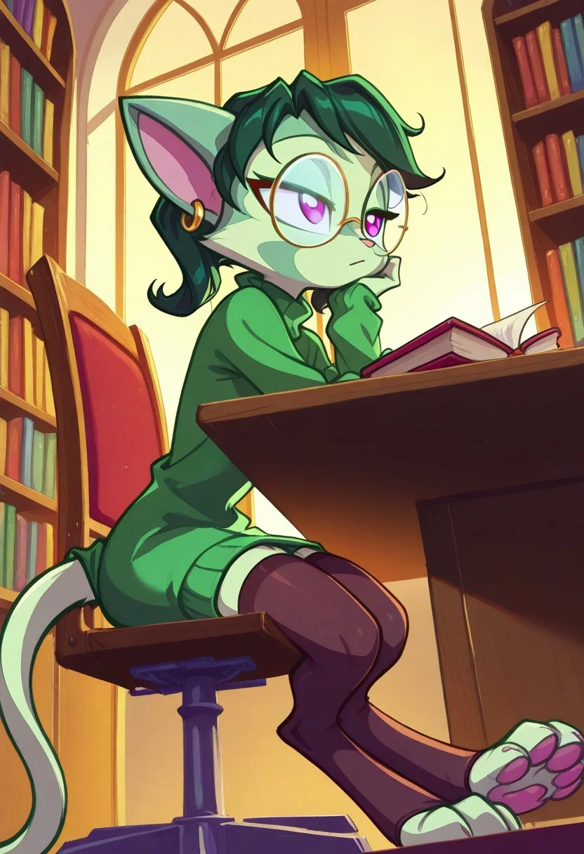 Dreamkeepers,1girl,prelude_lilith,solo,furry,tail,green hair, source_furry,glasses,magenta eyes,
child,
side-swept bangs,
big comfy green sweater dress, deep neckline, thigh-high sheer stockings,(round eyewear, glasses), plug earrings,
stylized, low-angle shot, from the side,sitting pose, leaning back in chair, seated at desk, feet on desk, (reading one book:1.2), lidded eyes, sleepy, BREAK,
indoors, library interior, (golden hour light through windows), (rows of perfectly organized bookshelves), dust motes in sunlight, antique wooden desk, velvet armchair, detailed background, BREAK,
(fine texture, masterpiece, ultra-detailed, very awa, best quality, very aesthetic, absurdres, newest, volumetric lighting, scenery, extremely high-resolution,), BREAK.
