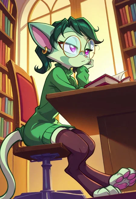 Dreamkeepers,1girl,prelude_lilith,solo,furry,tail,green hair, source_furry,glasses,magenta eyes,
child,
side-swept bangs,
big comfy green sweater dress, deep neckline, thigh-high sheer stockings,(round eyewear, glasses), plug earrings,
stylized, low-angle shot, from the side,sitting pose, leaning back in chair, seated at desk, feet on desk, (reading one book:1.2), lidded eyes, sleepy, BREAK,
indoors, library interior, (golden hour light through windows), (rows of perfectly organized bookshelves), dust motes in sunlight, antique wooden desk, velvet armchair, detailed background, BREAK,
(fine texture, masterpiece, ultra-detailed, very awa, best quality, very aesthetic, absurdres, newest, volumetric lighting, scenery, extremely high-resolution,), BREAK.