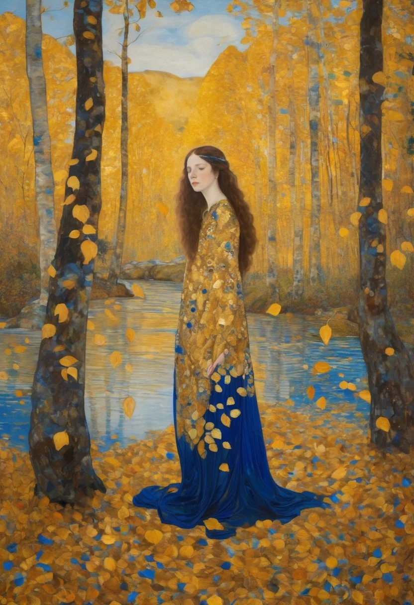 klimt style,1 girl, solo ,masterpiece, full body girl pale skin bathing in a river in a lush forest, real gold and blue color, autumn leaves