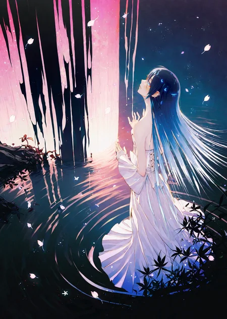 , by wanke, by ajimita,
1girl
extremely beautiful detailed piercing eyes,
a girl immersed in a magical garden at twilight. She stands beside a luminous waterfall, cherry blossoms gently falling around her. The soft glow of fireflies and the distant twinkle of stars add an enchanting ambiance to this serene and otherworldly scene
masterpiece, best quality, high quality, highres, absurdres, very detailed, high resolution, sharp, sharp image, 8k, vivid, colorful, stunning, anime