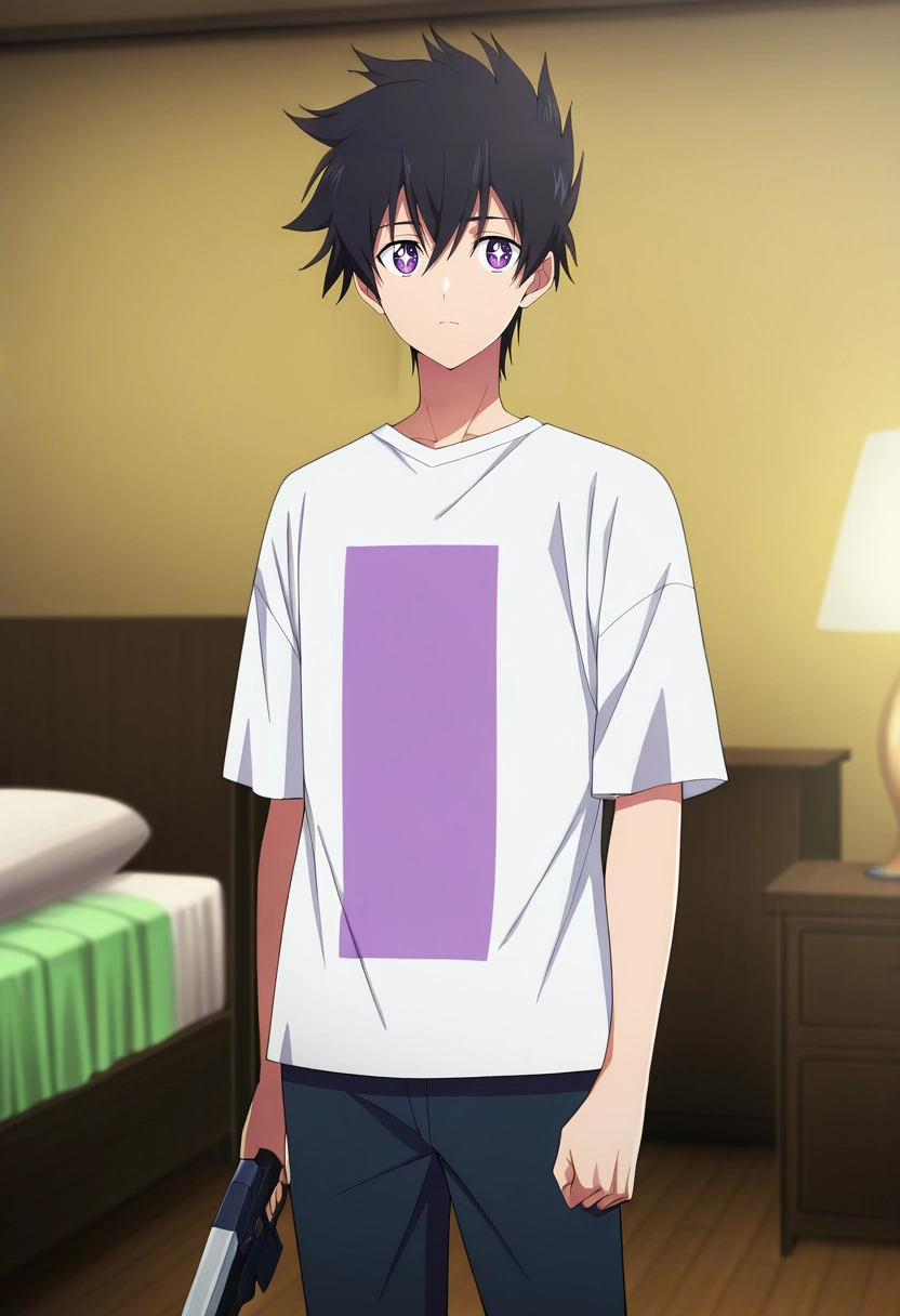 masterpiece, best quality, anime screencap, official style, anime coloring, cowboy shot, 1boy, solo, male focus, <lora:ryuunosuke_minakata_ilxl:0.98>, ryuunosuke_minakata, black hair, purple eyes, short hair, bangs, hair between eyes, wide angle, wide shot, cowboy shot, bedroom, (plush), noon, holding weapon, sparkling eyes,