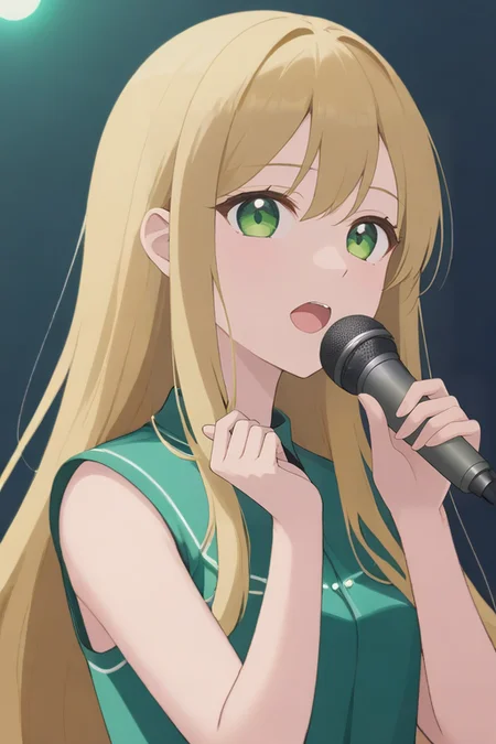 <lora:shiny_style_xl-turbo_v2:1>idol, blonde, long_hair, dark green eyes, sing, microphone