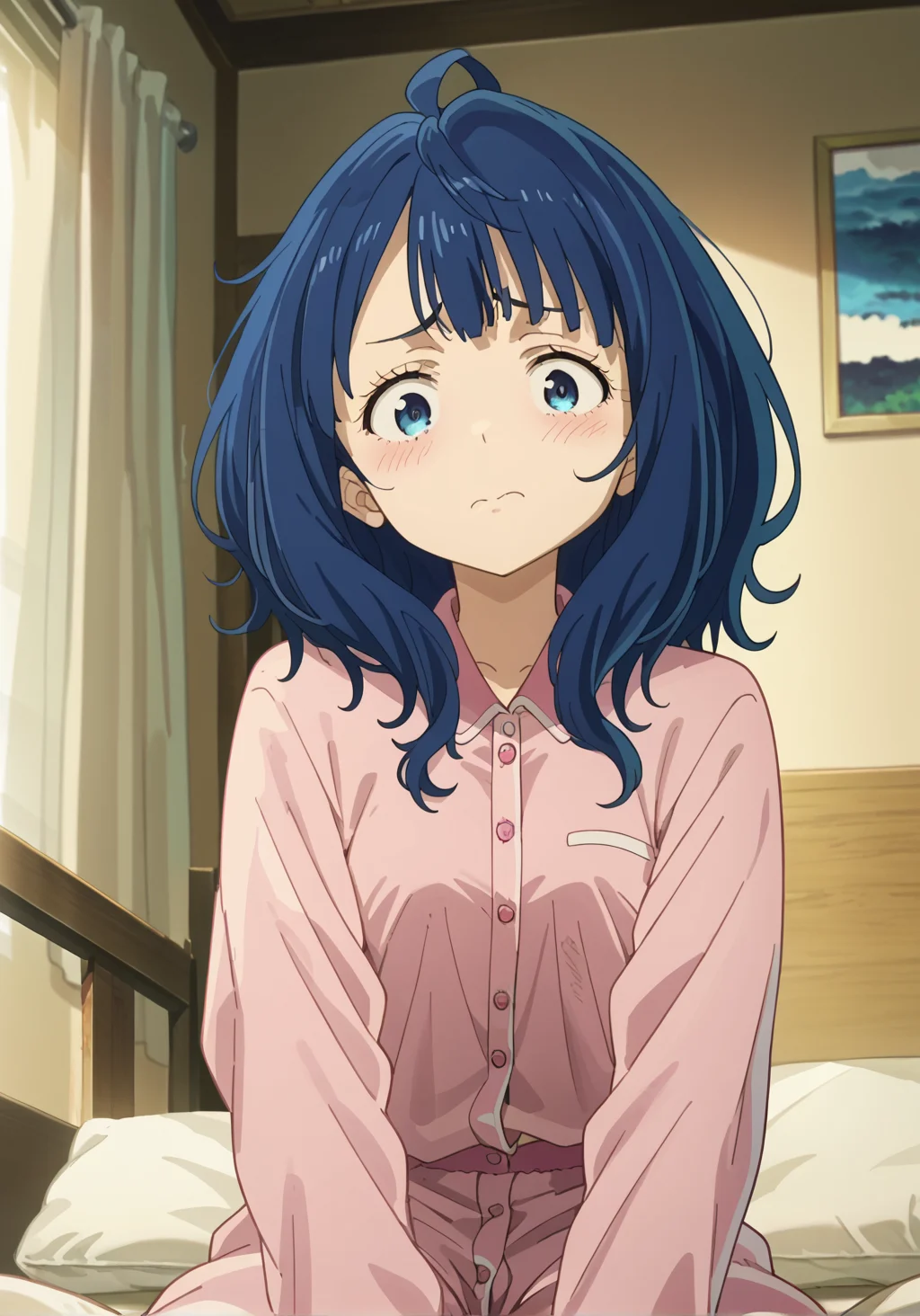 score_9, score_8_up, score_7_up,source_anime, 
solo, sitting, on bed, indoors, from below, pink pajamas, messy hair, looking at viewer, embarrassed, closed mouth, 
<lora:YanamiAnna:1>, yanamianna, medium hair, ahoge, anime screencap, anime coloring