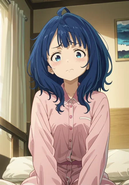 score_9, score_8_up, score_7_up,source_anime, 
solo, sitting, on bed, indoors, from below, pink pajamas, messy hair, looking at viewer, embarrassed, closed mouth, 
<lora:YanamiAnna:1>, yanamianna, medium hair, ahoge, anime screencap, anime coloring
