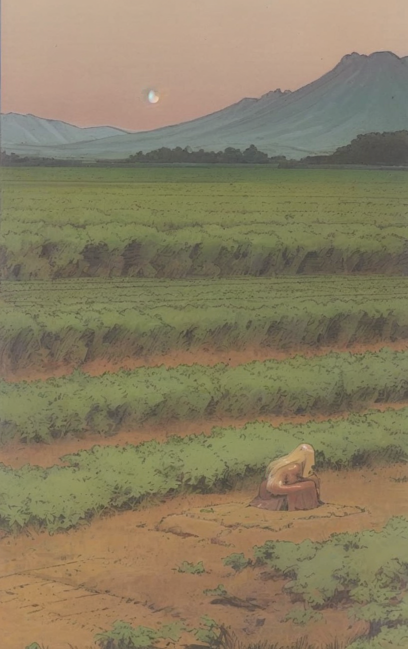 artwork <lora:Moebius:1>, outdoor at dawn, a lot people do a comb, fields, lunar landscape