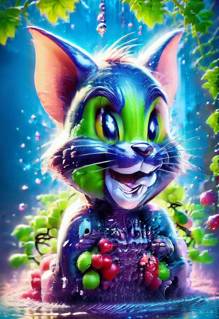 "Create an image of Tom and Jerry, with both characters made entirely of grapes. Tom should be composed of dark purple and green grapes, with bright eyes and a mischievous expression, posed as if he's sneaking up on Jerry. Jerry should be made of small, lighter-colored grapes, with a playful and cheeky expression, posed in a ready-to-sprint stance, as if he's about to escape from Tom. Their features should be detailed with water droplets, as if the grapes are cold. The background should be soft, with hints of a playful atmosphere to match the duo's dynamic, while the grapes should glow slightly, adding a fresh and vibrant touch to the image."
crystalz, Tomy, Jerry