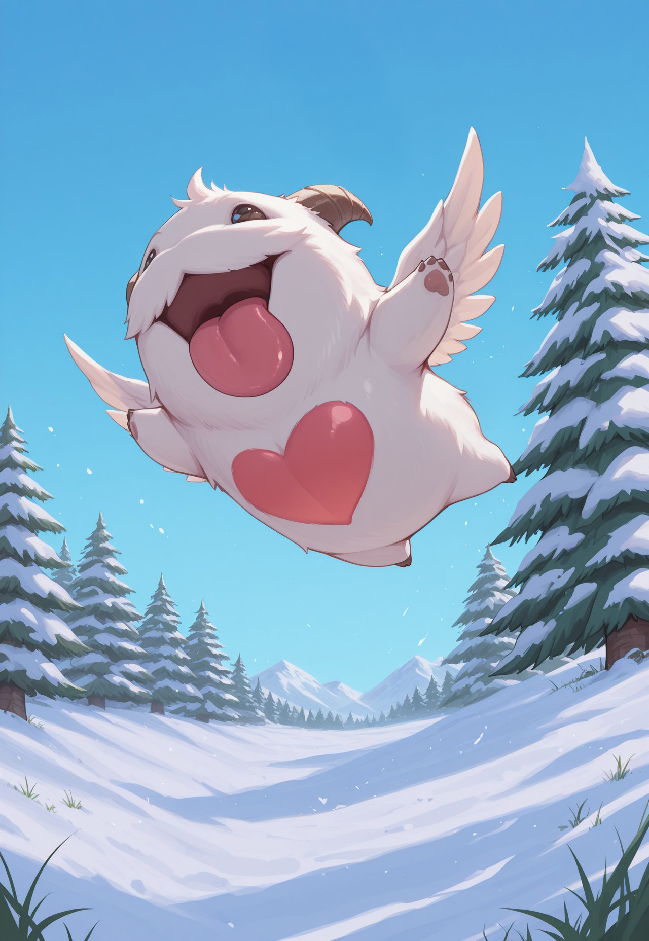 masterpiece, best quality, amazing quality, very aesthetic, absurdres, LoLPoro, 1other, horns, heart on chest, wings, flying, dynamic pose, tongue out, open mouth, pine tree, snow, gras, flower, blue sky