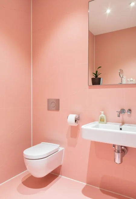 photo, pink glossy tiles, A modern minimalist style bathroom with a toilet, basin, white ceramic seat, warm tones,