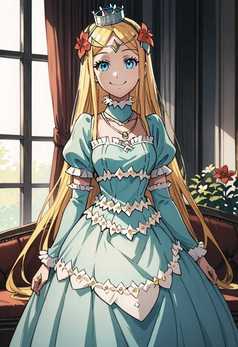 score_9, score_8_up, score_7_up, score_6_up, score_5_up, score_4_up, detailed face, princess renner, 1girl, flower,crown, dress, long dress hair flower, solo, blonde hair, long hair, blue eyes, puffy sleeves, hair ornament,smile