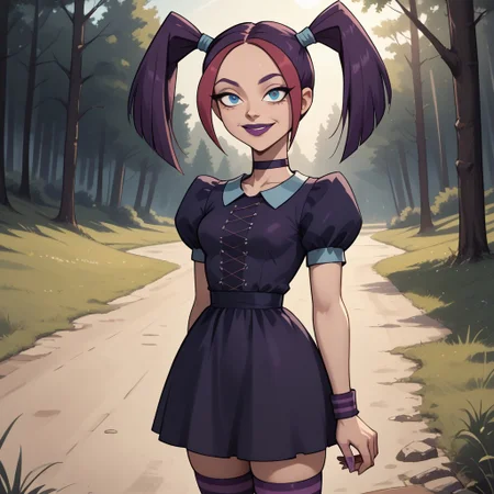 score_9, score_8, BREAK, solo, dark purple hair, twintails, blue eyes, purple lips, lipstick, dark purple dress, short dress, striped socks, knee highs, sneakers, choker, breasts, total drama, Scary_Girl_(Total_Drama), wristbands, sexy pose, self portrait, smile, outdoors, sunlight, shadows, evening lighting, natural lighting, forest, trees, grass, orange sky, sunset
