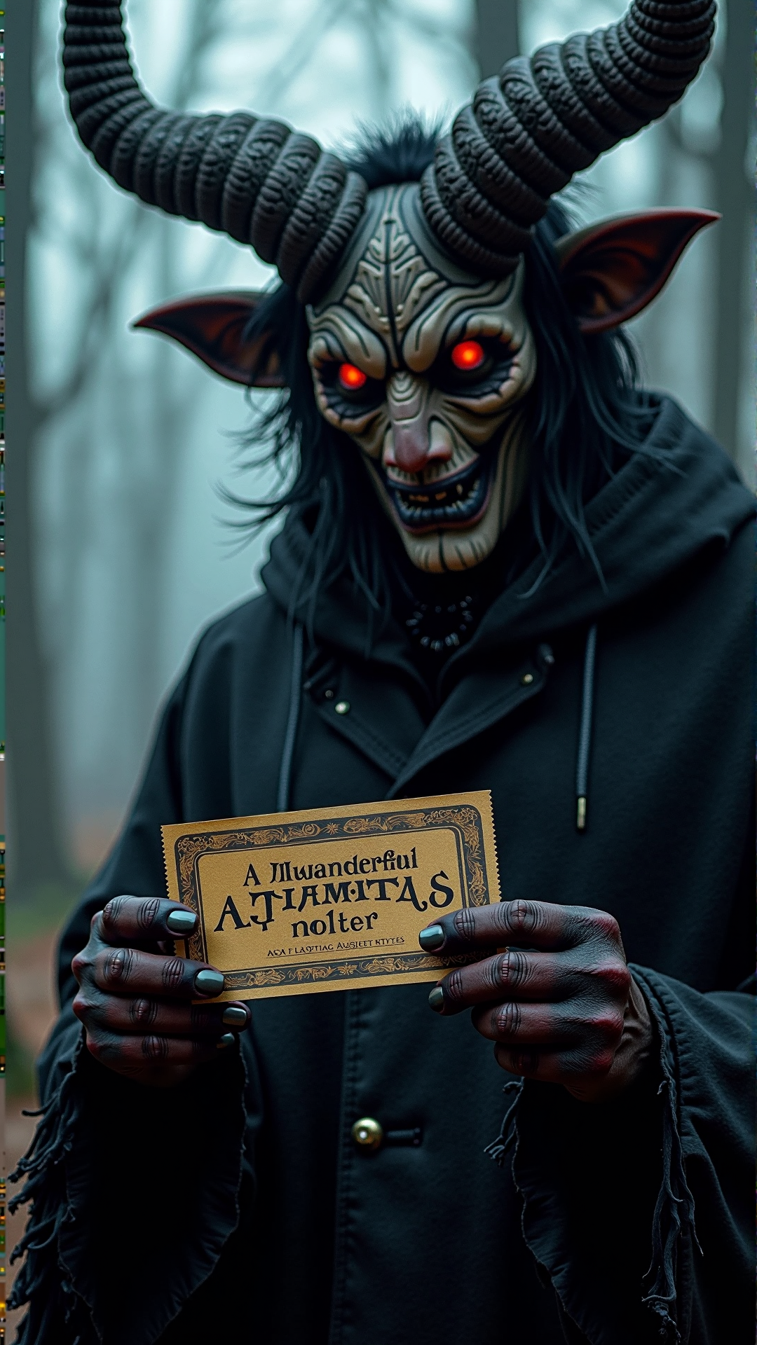 A professionally shot photography of a KrampusStyle Ticket. Dark, atmospheric and moody atmosphere. killer, tormented, ebony
<lora:KrampusStyleFlux:__wildcards/numbers/07-09__>