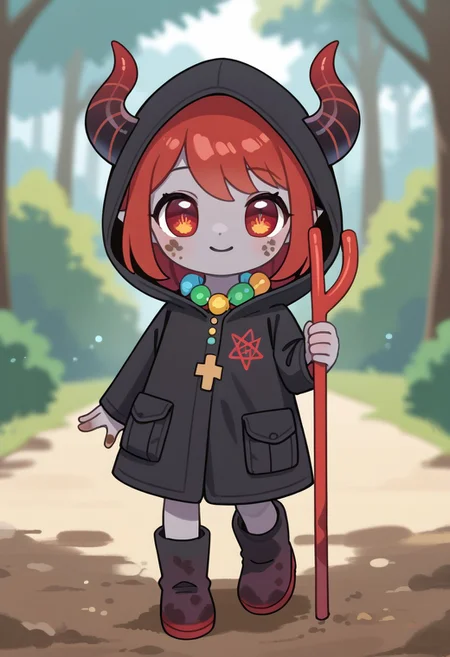 score_9, score_8_up, score_7_up, BREAK
highres, highly detailed, high resolution, high quality, 
source_anime, anime screencap, saturation, vivid colors, 
1girl, solo, luce, full body, standing, demon girl,
(dark red hair:1.2), (big dark red eyes:1.1), medium hair, cute, (grey skin:1.1), (horns:1.2), 
(long black raincoat:1.1), dirty black rubber boots, 
pentagram on the neck, holding red trident, 
pikaole, cute, bokeh,
blurry background, forest background, path