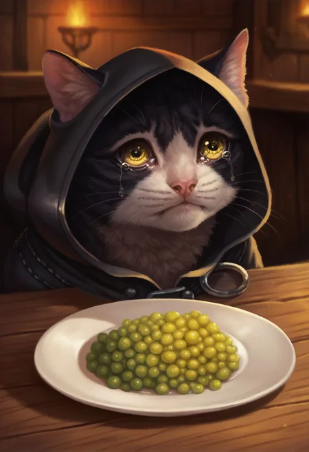 score_8_up, score_7_up, score_6_up, score_5_up,
solo, cat, black fur, panther, yellow eyes, tears, detailed eyes, rogue outfit, hood, mascular, inside a tavern, empty plate,
sad cat meme, pikaole, cute