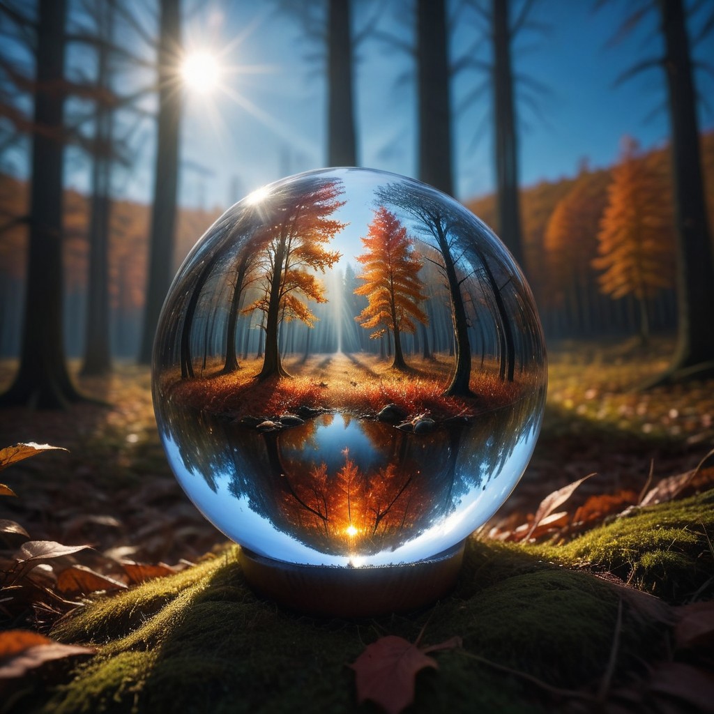 Crystal ball containing a forest ablaze with autumn colors, 
under a pristine blue sky, 
mysterious ambiance, 
capturing the essence of fall, 
sharp reflections, 
perfect clarity, 
dramatic lighting, 
ultra clear., 
Mysterious