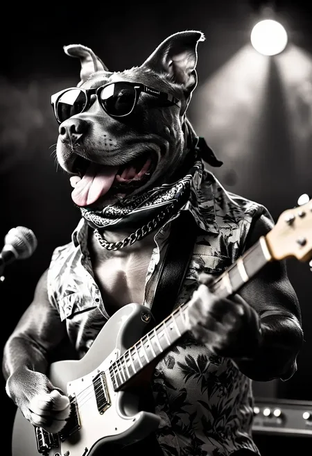 high quality, professional black and white portrait photo of a singing Gray Pitbull wearing black Rayban Wayfarer sunglasses and vintage aloha shirt, playing a (Gibson hollow body) electric guitar with paws holding a hambone slide, in a dark smokey blues club, light reflections, ultra detailed, insane texture, monochrome, HDR, focus stacking, soft bokeh, 8K, award winning studio photography, (dark rim lighting:1.2), range smokey glow background, cinematic, vignette, by Richard Avedon <lora:Gray Pitbull Dog:1> <lora:MJ52:0.4>