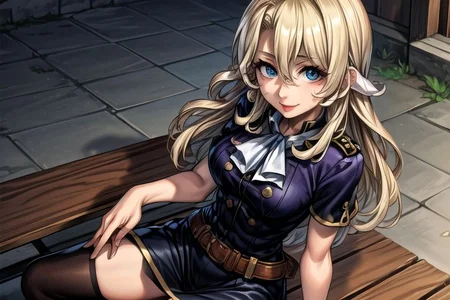 masterpiece, Lily Kokoschka , best quality, best quality, ultra-detailed, highres,sharp focus,(ultra detailed,extremely detailed), 1girl,(masterpiece, best quality), LilyKOKOSCHKA, 1girl, solo, long hair, small breasts, blonde hair, Blue eyes, Deep Blue eyes, hair between eyes, uniform, ascot, wavy hair, eyes visible through hair, white ascot, Skirt, hungry clicker,  outdoors, street, cowboy shot, leaning Back, , brutal smile, Best Quality0Beautiful face0Strong-minded woman0sitting, Scared, Terrified, Frightened