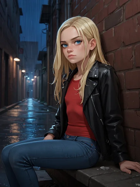 score_9, score_8_up, score_7_up,  score_6_up, BREAK, LilLily, Andystyle, 1girl, long hair, female, blue eyes, blonde hair, flat chest, solo, red shirt, black jacket, leather jacket, jeans, alley, night, raining, sitting, lean on wall <lora:LilLily:1>