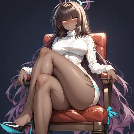score_9, score_8_up, score_7_up, source_anime, expressive, anime, Artist speedlines, dynamic, Basic Instinct Pose, B4sic1nstinctP0se, basic_instinct_(movie),  1woman, (Karin_(Blue Archive)), (dark-skinned_female:1.2), yellow eyes, looking at viewer, facing viewer, dress, turtleneck, sitting, on_chair, crossed_legs, bare_legs, high_heels, blush, blushing, embarrassed, dark background