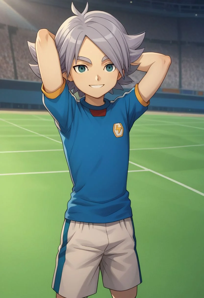 score_9, score_8_up, score_7_up, source_anime, highly detailed, 1boy, solo, male_focus, skinny, slender,
fubuki2, 1boy, male focus, open eyes, soccer uniform, sportswear, smile, raimon soccer uniform, raimon, grey hair, hands behind head,