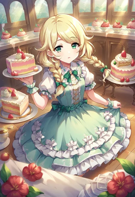 score_9, score_8_up, score_7_up, source_anime,yusa kozue, blonde hair, green eyes, twintails, food, dress, 1girl, braid, long hair, twin braids, frills, frilled dress, cake