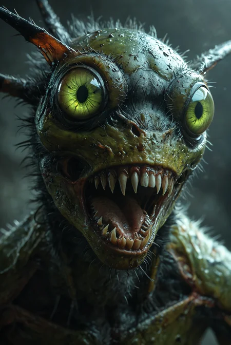 Concept art of a radioactive and mutated horror fly with raised neck fur, long bloody teeth, and sharp, extended claws. It has a terrifying and deadly appearance, with glowing green eyes, cracked and blistered skin, emitting a faint toxic glow, and an overall sinister and menacing presence.
<lora:add-detail-xl:2> <lora:MJ52:0.5> <lora:great_lighting:2> great lighting,
large depth of field, hyperdetailed photography, masterpiece, best quality, high quality, highres, ultra-detailed, best quality, 8K, high resolution, extreme detail, (outstanding composition:1.4),