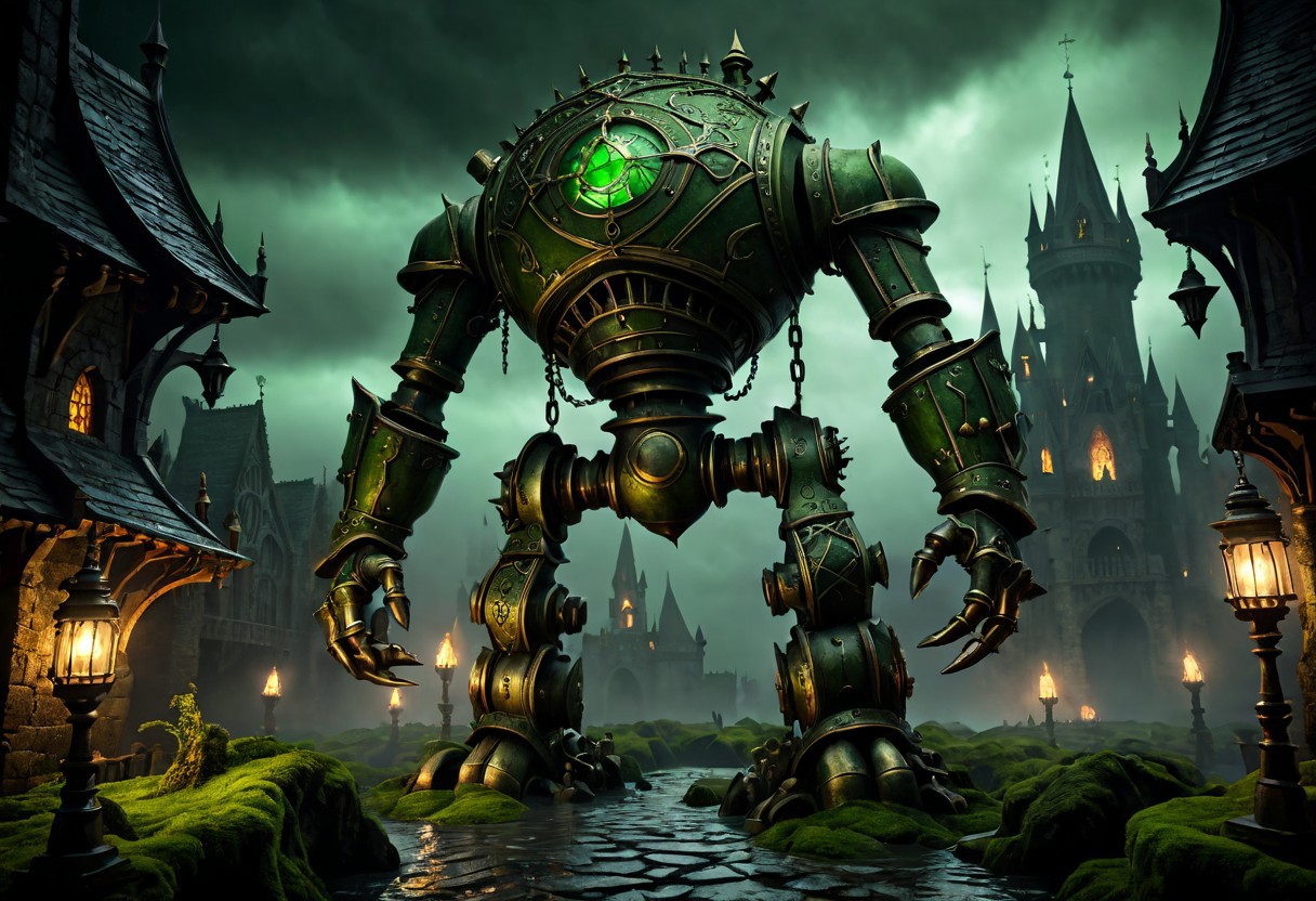 giant bipedal robot dirty pale green and dark green, bronze paisley robot. lacy robot metal kettle head. outside of a steampunk keep. large detailed torso. dark image. one forty foot tall ancient robot with great arms and two heavy spring legs. dark foggy night background. $dark foggy night image only. dark photo realistic image. steampunk details. cogs, chains and pipes incorporated in the fantasy buildings. magic wizards tower in background. Dark swamp, moss, castle ruins, wizards tower. stormy dark night.  stormy sky.