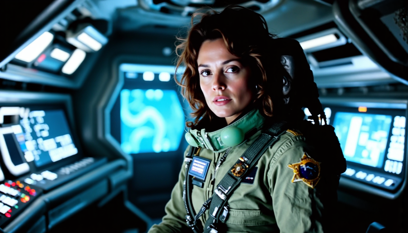 nostromo style,
woman wearing jumpsuit, spaceship interior, greebles, giger details, vector display, control panels, screens, organic walls, space jockey, science fiction, horror,

extremely detailed:1.2, sharp:1.2, bold outlines,

sharp focus, detailed face, clear eyes, Detailed perfect hand