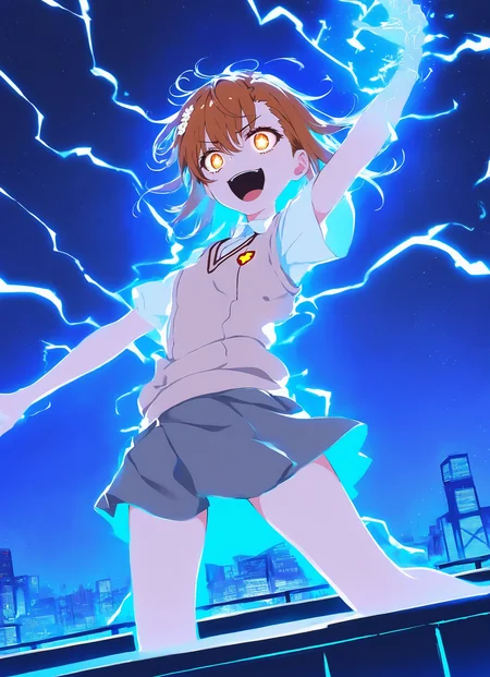 masterpiece, best quality, amazing quality, ultra detailed, very aesthetic, high res, misaka mikoto \(toaru majutso no index\), solo, volumetric lighting, dynamic pose, dynamic angle, depth of field, light particles, electricity around body,  electricity, medium closeup, hip-level shot, light particles, crazy laugh, open eyes, delighted, outdoors, night, stars, wind effect, blue glow, cityscape, rooftop, skirt, shirt, school uniform, white shirt, short sleeves, pleated skirt, grey skirt, sweater vest, tokiwadai school uniform,
flowing hair,  <lora:XXX477:0.5> xxx667_illu, glowing,  <lora:NLSTN-IL:0.5> nlstn,