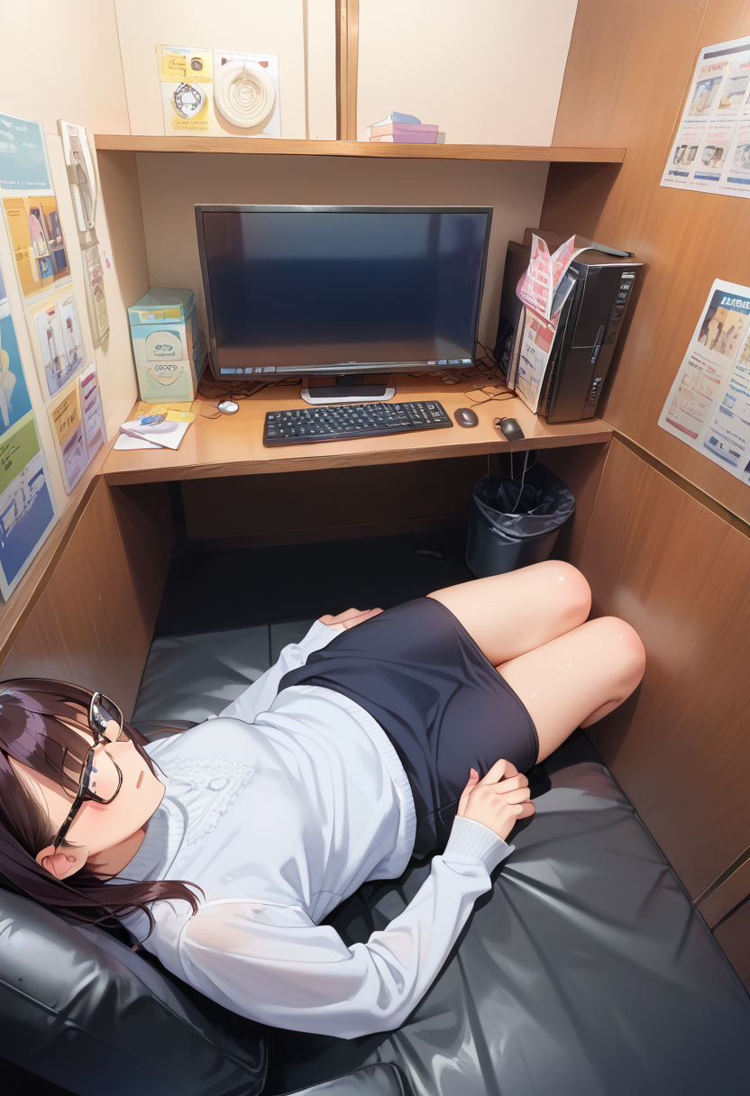score_9, score_8_up, score_7_up, rating_safe, masterpiece, best quality, absurdres, unity 8k wallpaper, official art, official style, source_anime, uncensored, game cg, megami magazine,
glasses, 
necafe, scenery, keyboard (computer), computer, solo, indoors, monitor, chair, long sleeves, sweater, 1girl, desk
<lora:NetCafe_PONY_V1:1>