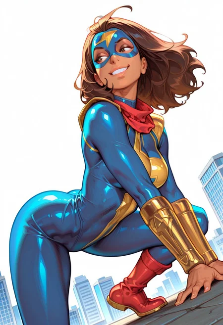 masterpiece, best quality, amazing quality, very aesthetic, absurdres, highres, newest, ledspac, mmkamalakhan, 1girl, solo, brown hair, medium hair,domino mask, smile, dark skinned female, blue bodysuit, lightning symbol, red scarf, gold pauldrons, gold bracers, red and gold boots, superhero fighting stance, smug expression, white background, rim lighting, dynamic angle, open sky, city skyline