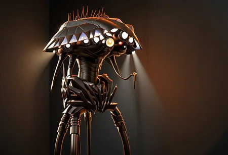 concept-tripod, cinematic, closeup, side view, side-view, spotlights